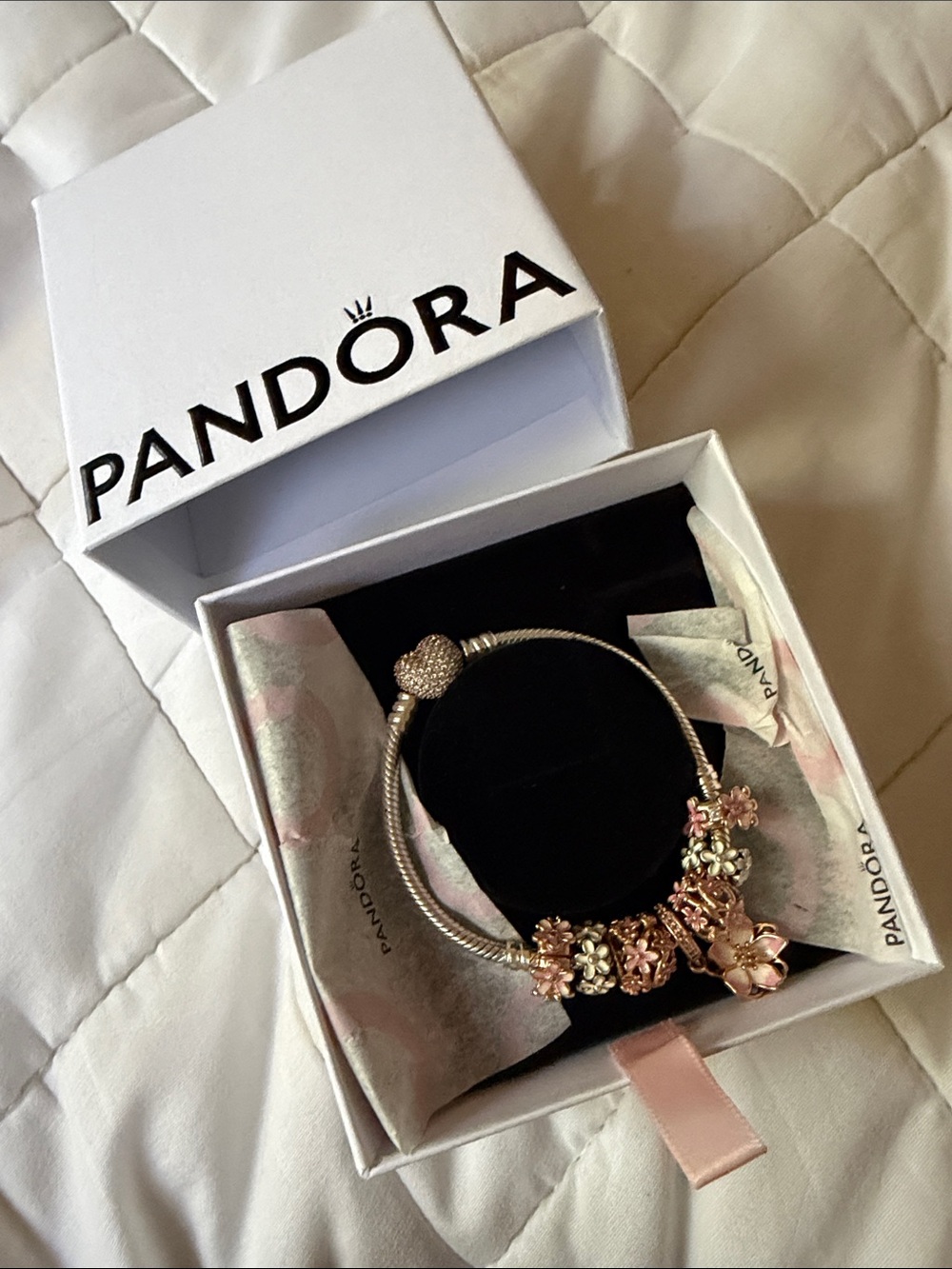 Pandora Silver Bracelet with Pink Flower Charms